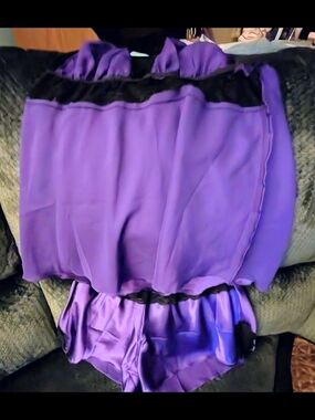 Purple Satin Two-Piece Lingerie Set with Black Trim